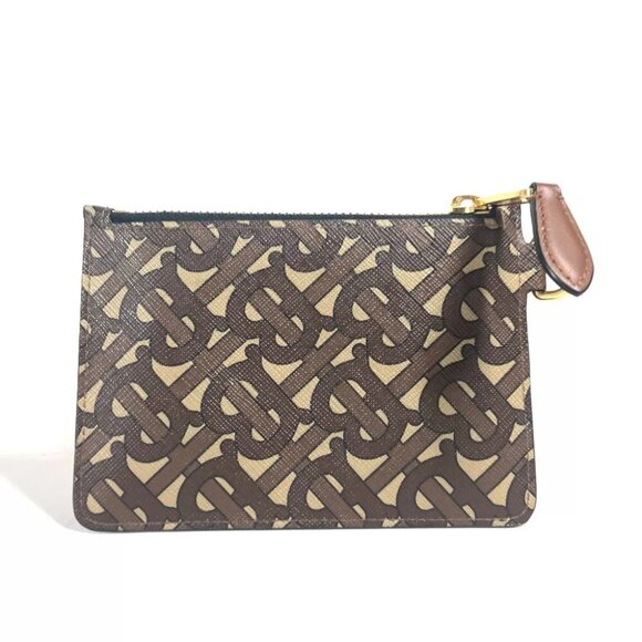 BURBERRY TB logo coin purse Wallet Coin Compartment Pouch Leather Brown/Beige - Picture 1 of 12
